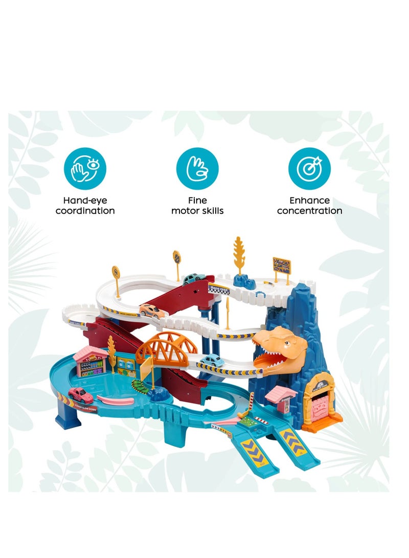 Car Racing Track for Children, Adventure Toy Dinosaur Climbing Hills Motor with 4 Cars Colourful Vehicles Construction Play Set