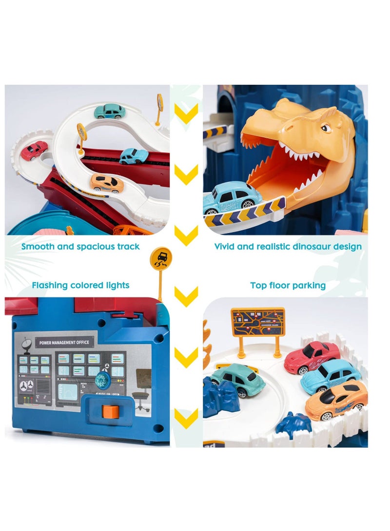 Car Racing Track for Children, Adventure Toy Dinosaur Climbing Hills Motor with 4 Cars Colourful Vehicles Construction Play Set