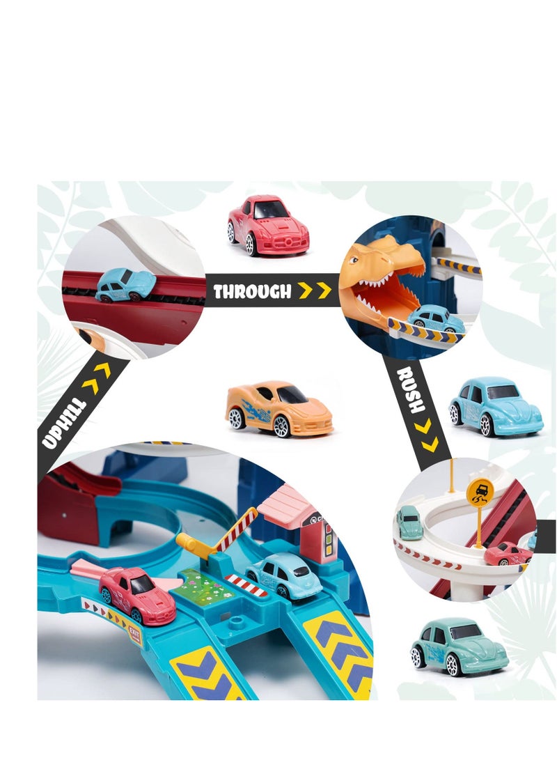 Car Racing Track for Children, Adventure Toy Dinosaur Climbing Hills Motor with 4 Cars Colourful Vehicles Construction Play Set