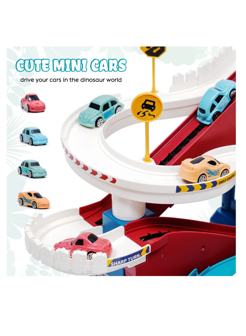 Car Racing Track for Children, Adventure Toy Dinosaur Climbing Hills Motor with 4 Cars Colourful Vehicles Construction Play Set