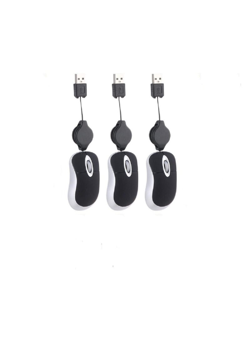 Retractable Mini USB Wired Mouse for Kids, Children Small Pocket Mouse, Compact Kids Travel with 2.3 Feet Cord, 3 Pcs