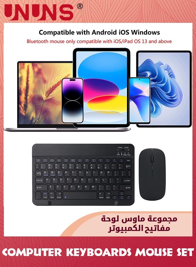 Rechargeable Bluetooth Arabic Keyboard And Mouse Combo,Ultra-Slim Portable Wireless Mouse Keyboard Set,Compatibe Tablet Android Mac Windows iPad iOS 13 and Above, Black 10inch