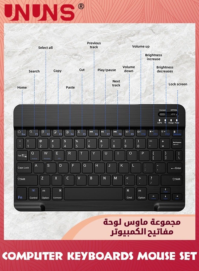 Rechargeable Bluetooth Arabic Keyboard And Mouse Combo,Ultra-Slim Portable Wireless Mouse Keyboard Set,Compatibe Tablet Android Mac Windows iPad iOS 13 and Above, Black 10inch