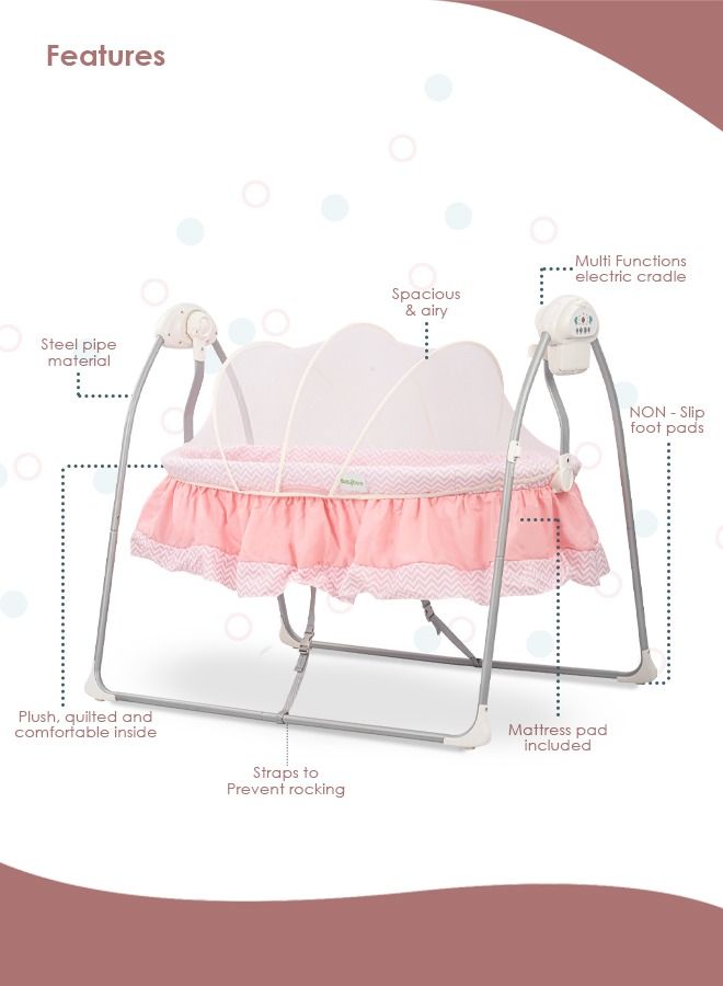 Wanda Electric Swing Cradle for Baby Automatic Swing Baby Cradle with Mosquito Net Remote Toy Bar Music Baby Swing Cradle for Baby 0 to 2 Years Boys Pink