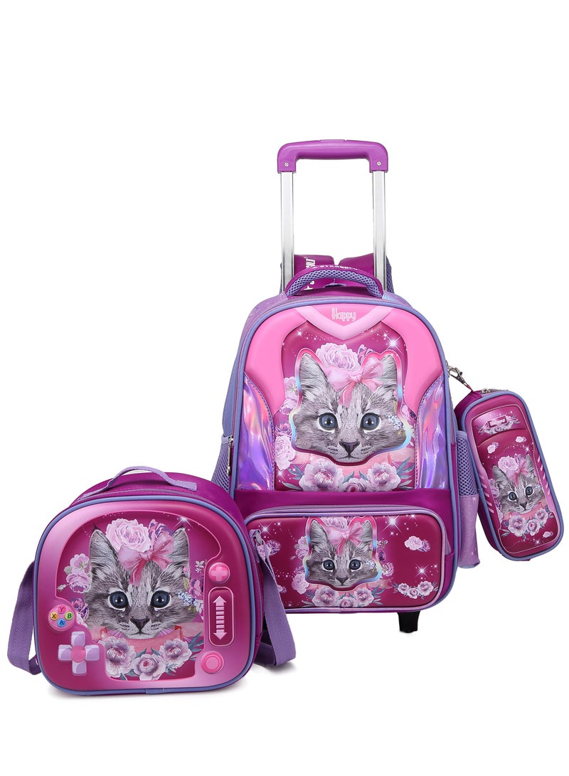 Baby Backpack 3Pcs For Baby Girls 1 lunch 1 Pencil Box And 1 Bag With Adjustable Strap For School 2 Wheels 12 Inch