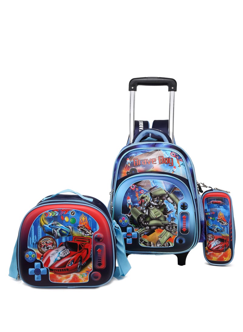 Baby Backpack 3Pcs For Baby Boys 1 lunch 1 Pencil Box And 1 Bag With Adjustable Strap For School 2 Wheels 14 Inch