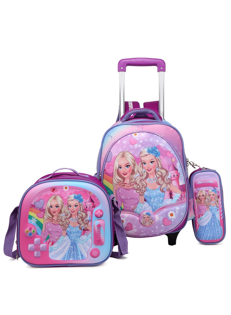 Baby Backpack 3Pcs For Baby Girls 1 lunch 1 Pencil Box And 1 Bag With Adjustable Strap For School 2 Wheels 14 Inch