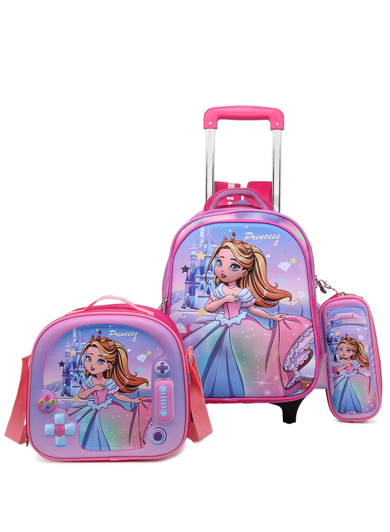 Baby Backpack 3Pcs For Baby Girls 1 lunch 1 Pencil Box And 1 Bag With Adjustable Strap For School 2 Wheels 14 Inch