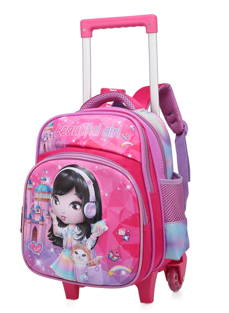 Baby Backpack 3Pcs For Baby Girls 1 lunch 1 Pencil Box And 1 Bag With Adjustable Strap For School 2 Wheels 12 Inch