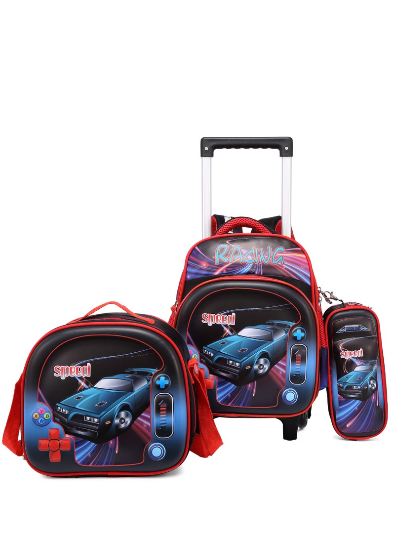 Baby Backpack 3Pcs For Baby Boys 1 lunch 1 Pencil Box And 1 Bag With Adjustable Strap For School 2 Wheels 12 Inch