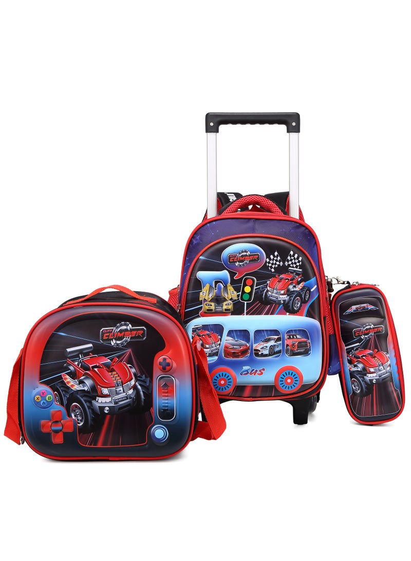 Baby Backpack 3Pcs For Baby Boys 1 lunch 1 Pencil Box And 1 Bag With Adjustable Strap For School 2 Wheels 12 Inch