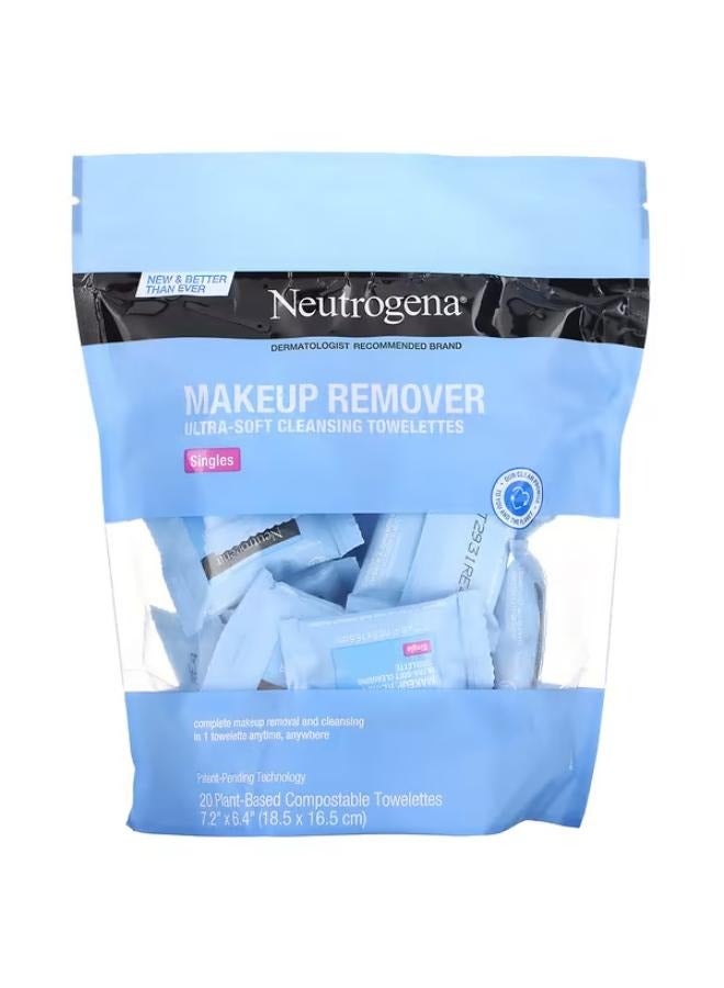 Makeup Remover, Ultra-Soft Cleansing Towelettes, Singles, 20 Plant-Based Compostable Towelettes