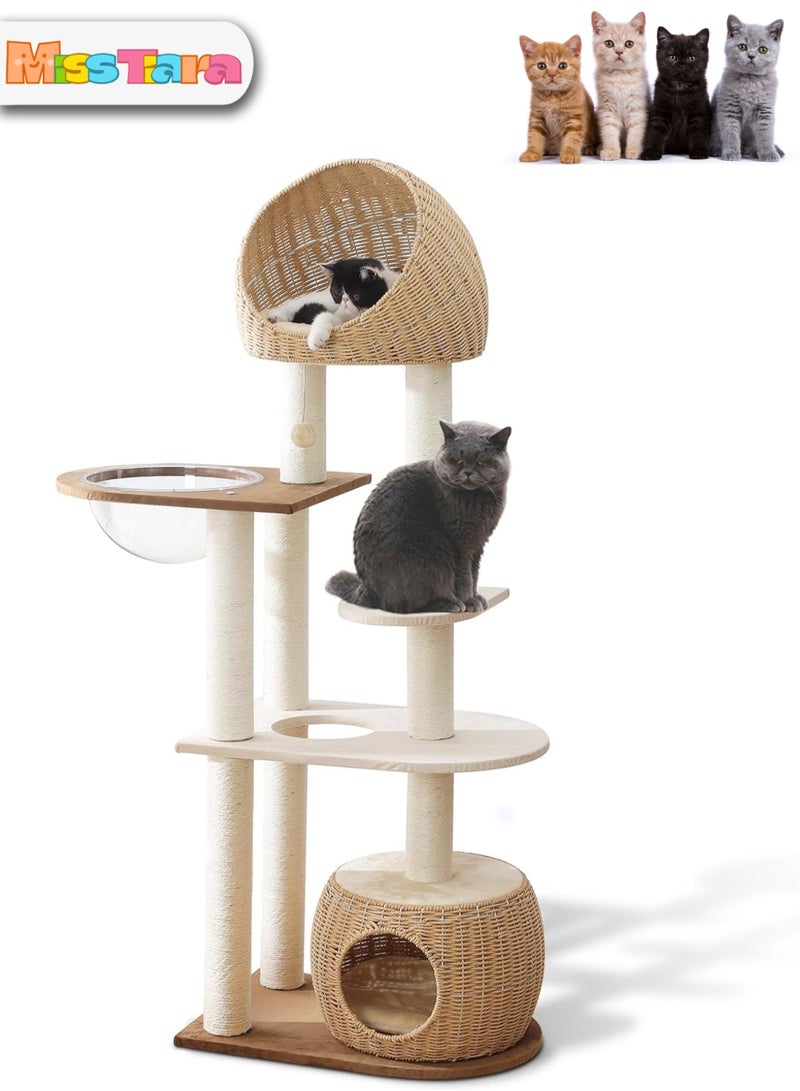 Modern Cat Tree Tower for Indoor Cats  Solid Oak Cat Scratching Tree for Multiple Large Cats Manual Hand Woven Luxury Cat Condo, Unique High-end Design Cat Furniture Activity Centre, Easy Clean