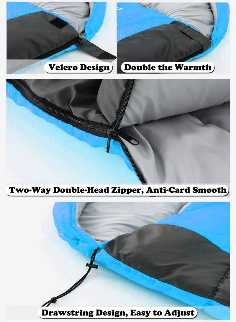 Outdoor Camping Blue Single Sleeping Bag Envelope Hooded Sleeping Bag Lightweight Waterproof Camping Gear Equipment for Adults and Kids