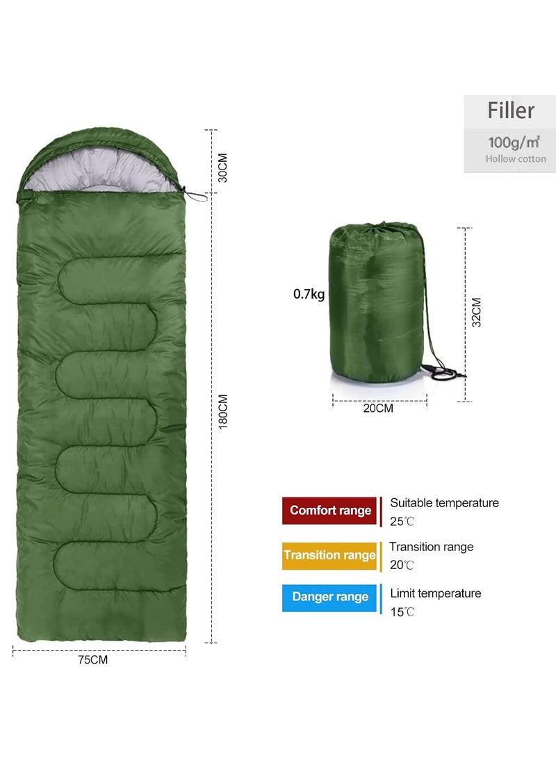 Envelope Sleeping Bag 180cm Cap Length 30cm Hollow Cotton Winter Hooded Sleeping Bag Suitable for Outdoor Camping Hiking and Mountaineering With Compression Bag Green