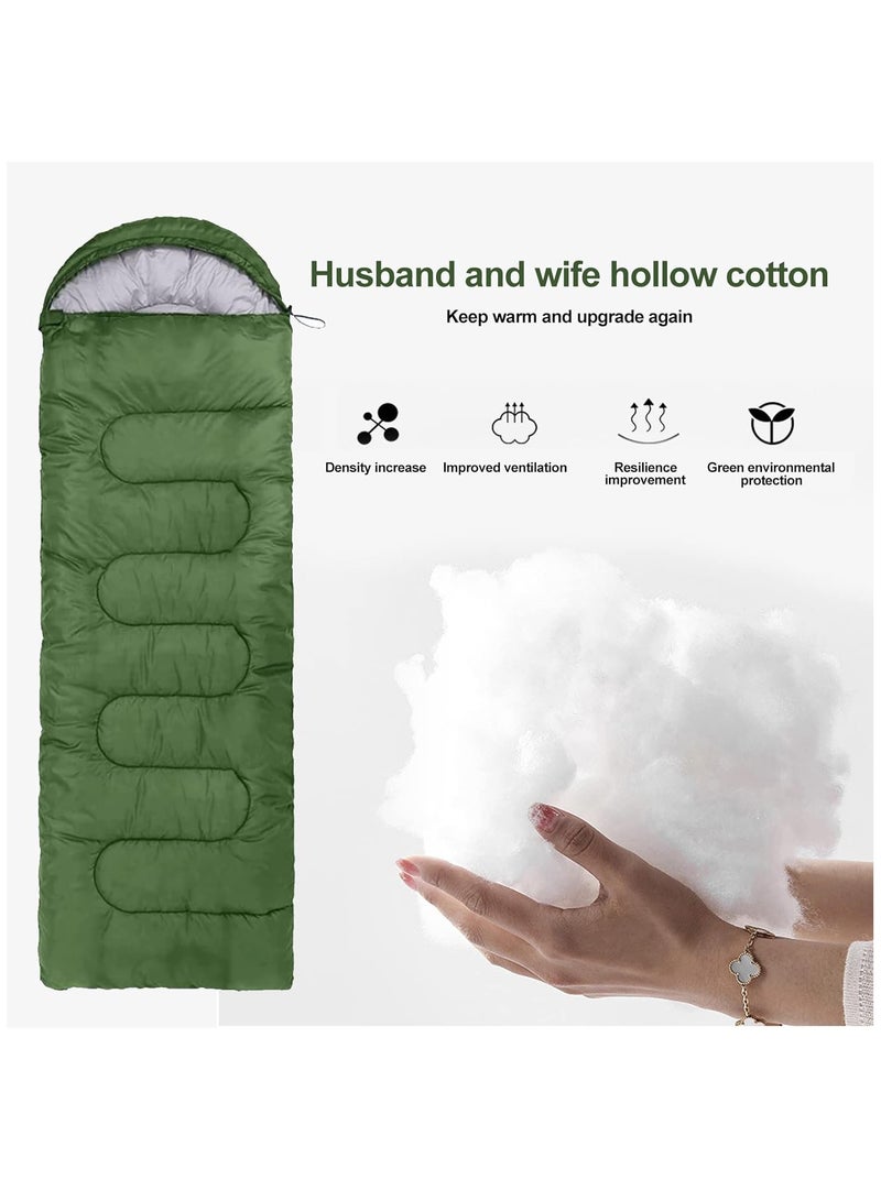 Envelope Sleeping Bag 180cm Cap Length 30cm Hollow Cotton Winter Hooded Sleeping Bag Suitable for Outdoor Camping Hiking and Mountaineering With Compression Bag Green