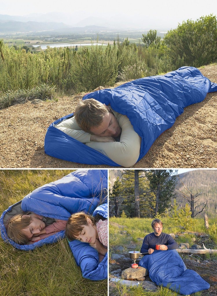 Envelope Sleeping Bag 180cm Cap Length 30cm Hollow Cotton Winter Hooded Sleeping Bag Suitable for Outdoor Camping Hiking and Mountaineering With Compression Bag Blue