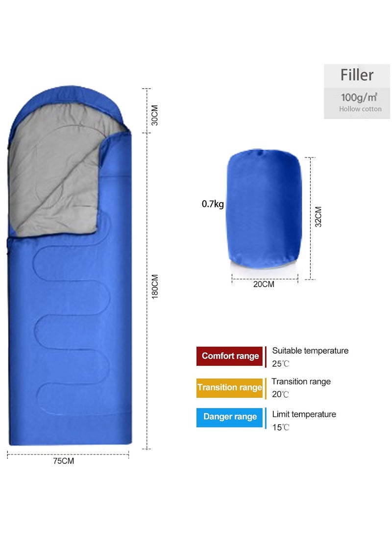 Envelope Sleeping Bag 180cm Cap Length 30cm Hollow Cotton Winter Hooded Sleeping Bag Suitable for Outdoor Camping Hiking and Mountaineering With Compression Bag Blue