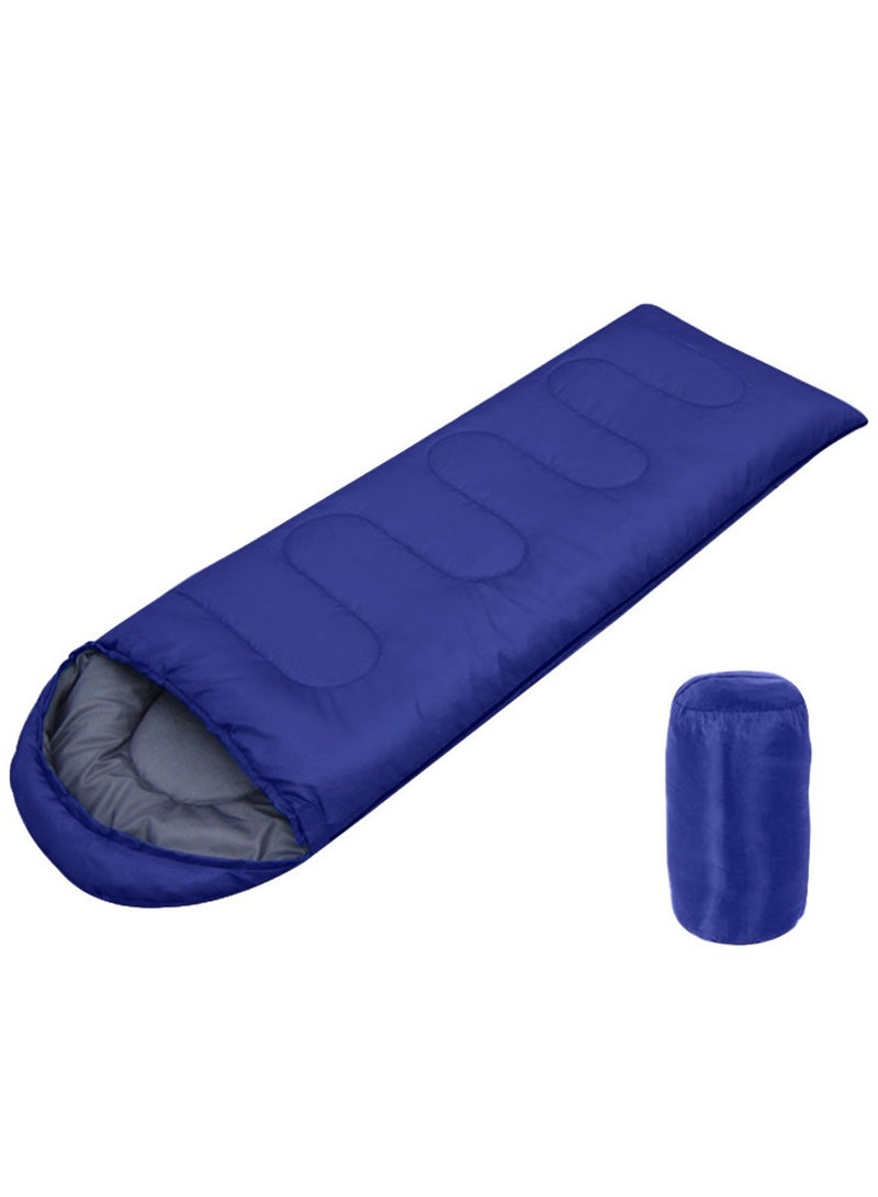 Envelope Sleeping Bag 180cm Cap Length 30cm Hollow Cotton Winter Hooded Sleeping Bag Suitable for Outdoor Camping Hiking and Mountaineering With Compression Bag Blue