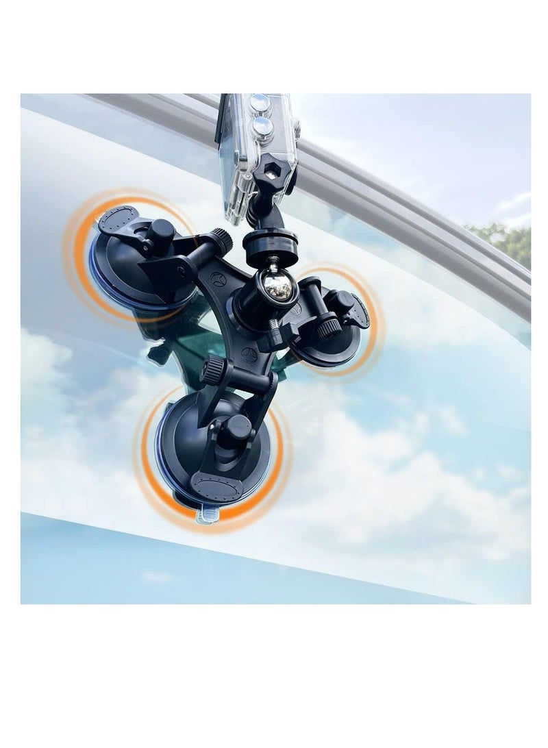Triple Suction Cup Mount Holder, Action Camera Car Windshield Mount, with 1/4 Threaded Head 360 Degree Tripod Ball and Screw, Compatible Gopro, DJI OSMO Akaso