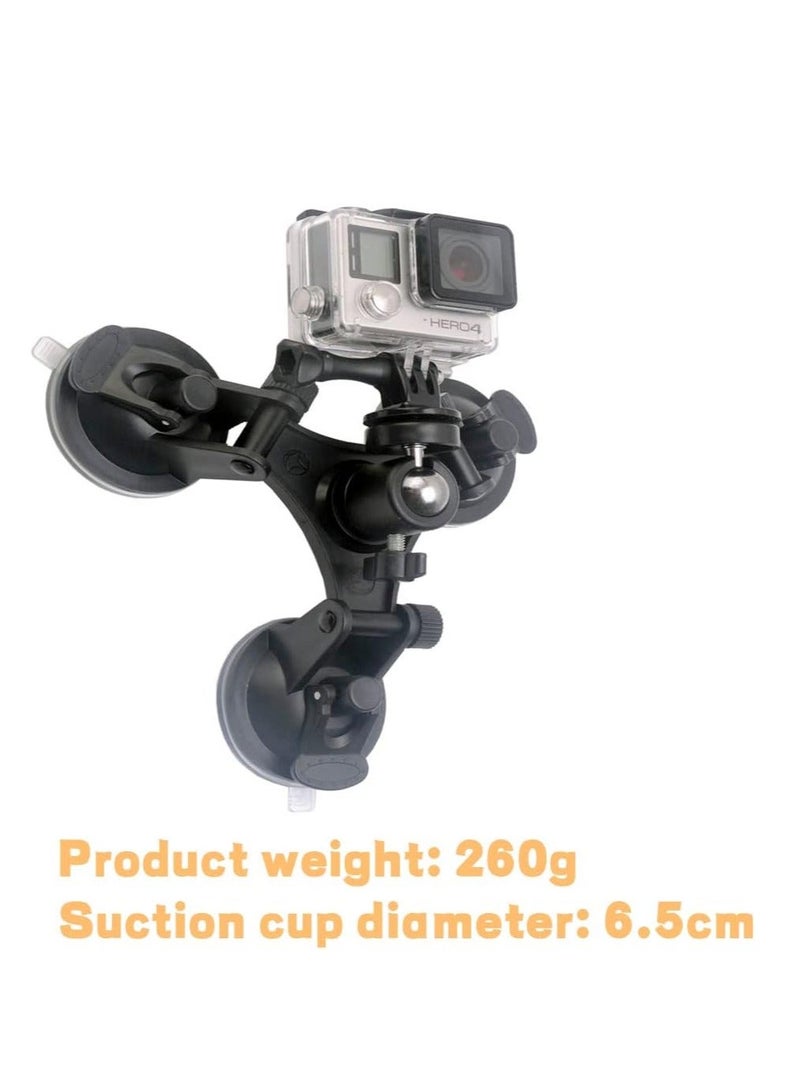 Triple Suction Cup Mount Holder, Action Camera Car Windshield Mount, with 1/4 Threaded Head 360 Degree Tripod Ball and Screw, Compatible Gopro, DJI OSMO Akaso