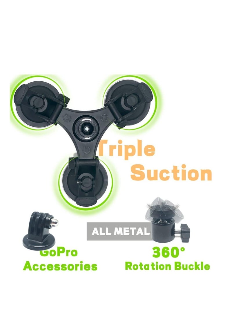 Triple Suction Cup Mount Holder, Action Camera Car Windshield Mount, with 1/4 Threaded Head 360 Degree Tripod Ball and Screw, Compatible Gopro, DJI OSMO Akaso