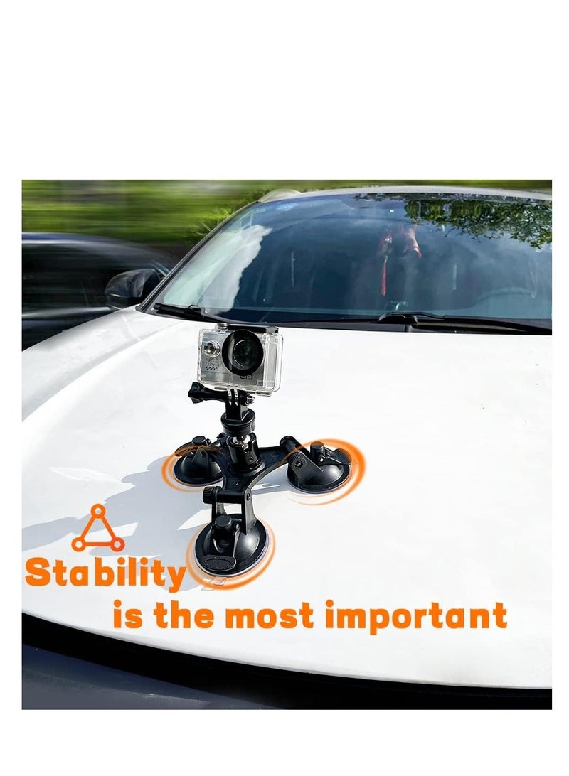 Triple Suction Cup Mount Holder, Action Camera Car Windshield Mount, with 1/4 Threaded Head 360 Degree Tripod Ball and Screw, Compatible Gopro, DJI OSMO Akaso