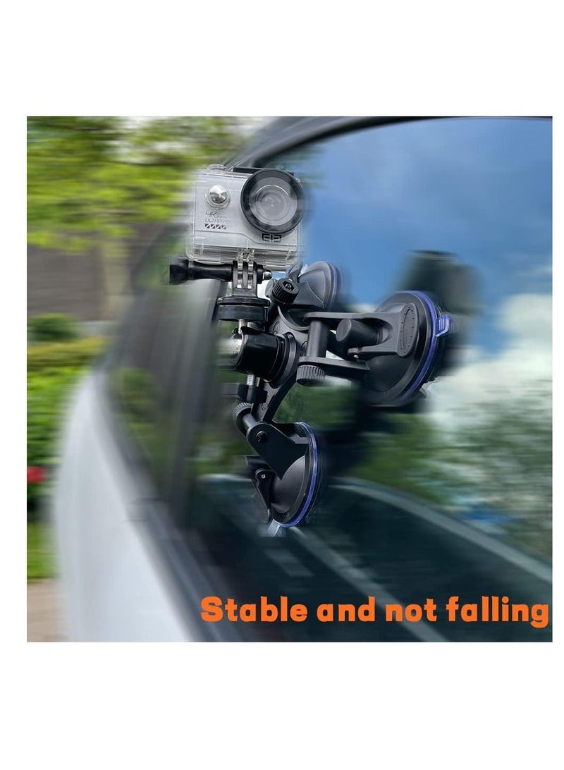Triple Suction Cup Mount Holder, Action Camera Car Windshield Mount, with 1/4 Threaded Head 360 Degree Tripod Ball and Screw, Compatible Gopro, DJI OSMO Akaso