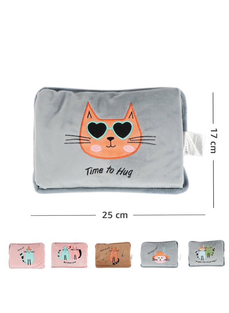 Huggy Cat Electric Hot Water Bottle with Soft Cover Rechargable Hot Water Bag for Pain Relief