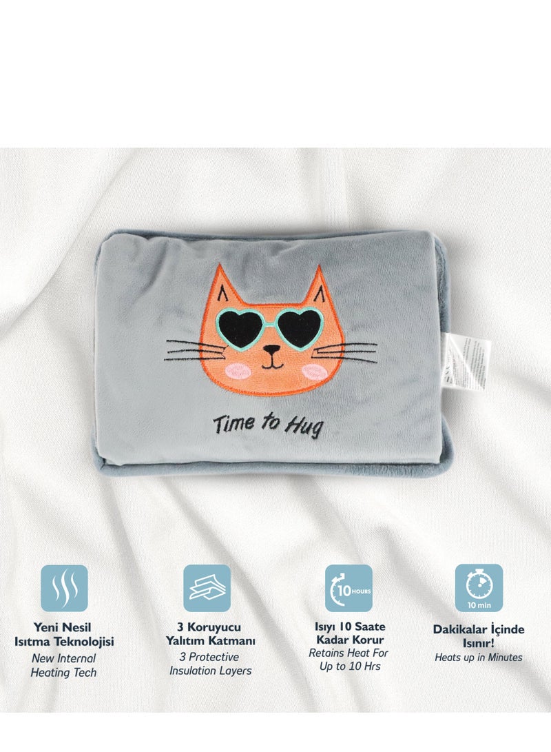 Huggy Cat Electric Hot Water Bottle with Soft Cover Rechargable Hot Water Bag for Pain Relief