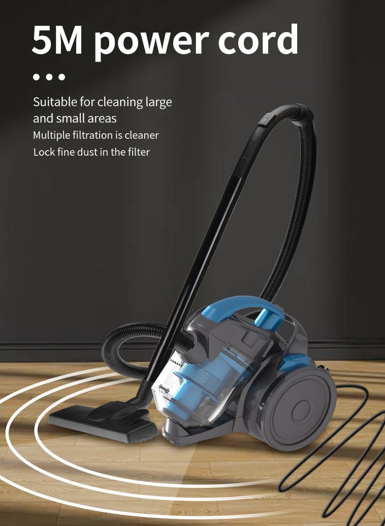 Multi-cyclonic Bagless Corded Canister Vacuum Cleaner with 6 Stage Filtration 2000W Max Power 1.8L 15 kpa Suction Power Blue