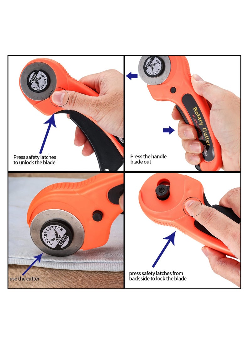 45mm Rotary Cutter, Rotary Fabric Cutter with 5pcs Extra Blades Ergonomic Handle Rolling Cutter with Safety Lock for Precise Cutting, Rotary Cutter for Fabric, Leather, Crafting, Sewing