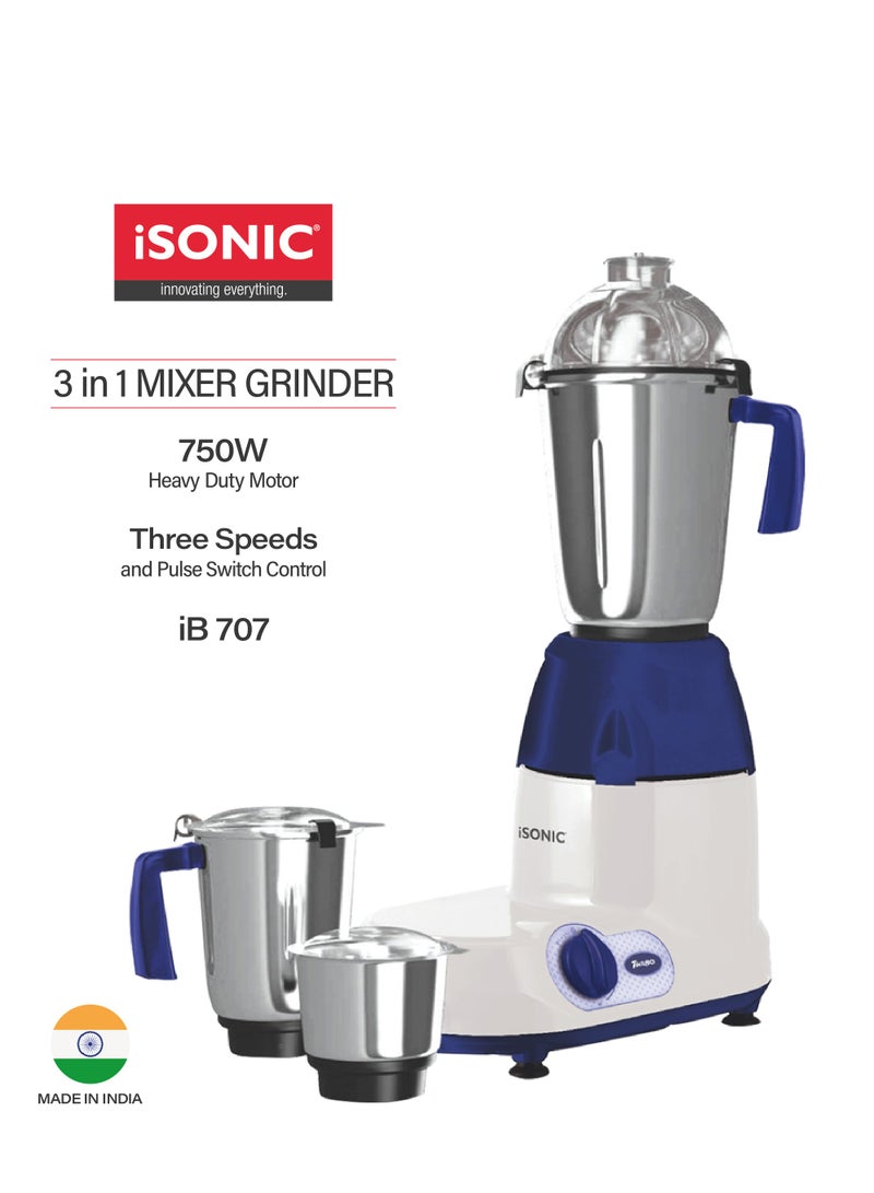 3 IN 1 Indian Mixer Grinder Powerful Copper Motor 1.5 L 750 W IB 707Blue/Silver