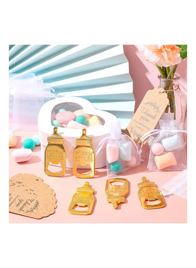 15 Pcs Baby Bottle Opener, Shower Favors, Cute Gold Shaped Opener with Organza Bags Thank You Tags, Return Gifts Party Souvenir