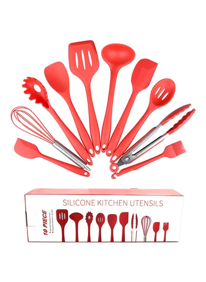 10-Piece Silicone Kitchen Utensil Set Red Tong (10.6x1.6), Slotted Spoon (10.8x2.4), Slotted Turner (11.4x2.8), Pasta Fork (11.2x2.2), (Whisk 9.8x2.4), Large Spatula (11.3x2.2), Small Spatula (9.8x2.4) , Spoonula (10.6x2.4) , Soup Ladle (11x3.5), Basting Brush (8x1.3)inch