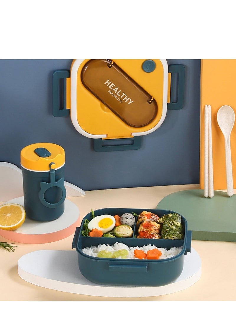 Bento Lunch Box, Portable Bento Box with Soup Cup Chopsticks Spoon, Reusable Lunch Containers, Microwaveable, Suitable for Office Outdoor Picnic (Blue)