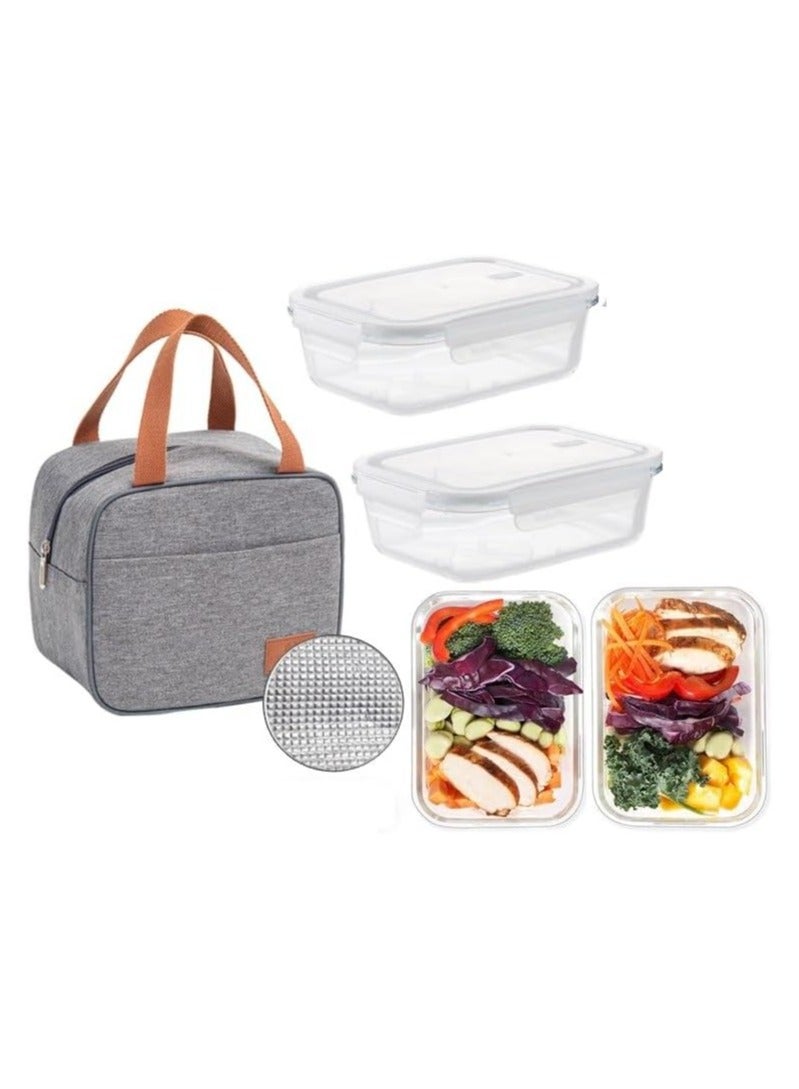 Insulated Reusable Lunch Bag Tote Bag with Single Compartment Glass Containers (1040ml each)  - Lunch Bag for School Picnic Office Outdoor Gym - Random Color Bags & Clear Containers