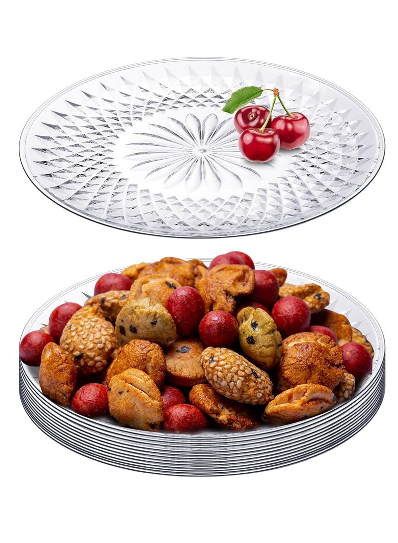 10 Pcs Round Serving Platter, Reusable Acrylic Crystal Flan Plate Plastic Tray Clear Round Serving Tray for Food Cake Cookie Fruits Birthday Wedding Party (10 Inch)