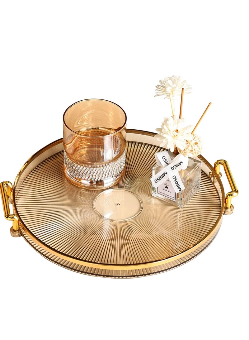 Serving Tray with Golden Handles, Acrylic Decorative Tray, Round Coffee Table Tray, Contemporary Decorative Table Tray, for Home, Restaurant, Table, Bar Drinks, Breakfast, Fruit(Brown)