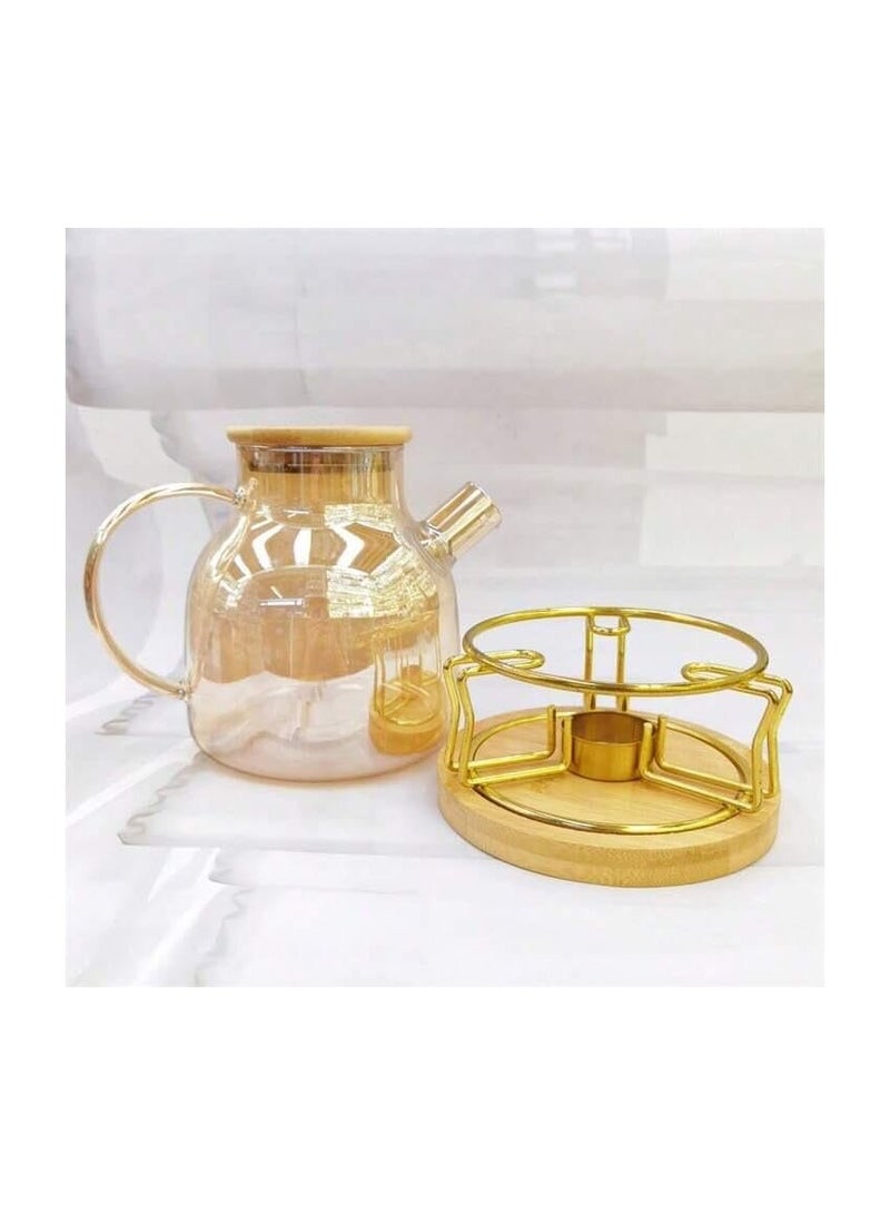 Rack Teapot Set Stainless Steel Lamp Holder Teapot Heating Furnace Accessories Holder Candle Holder Round Tea Warmer Wax Heater with 1500 ml Borosilicate Glass Teapot - Gold Rack