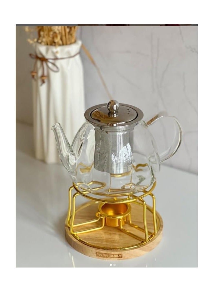 Rack Teapot Set Stainless Steel Lamp Holder Teapot Heating Furnace Accessories Holder Candle Holder Round Tea Warmer Wax Heater with 1500 ml Borosilicate Glass Teapot - Gold Rack