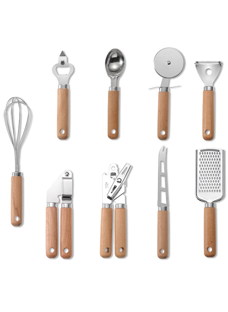 Set of 9-Piece Kitchen Gadget Utensils with Wood Handles, Premium Cooking Tools, Pizza Cutter, Whisk, Spoon, Grater, Fruit and Vegetable Peeler and Bottle Opener