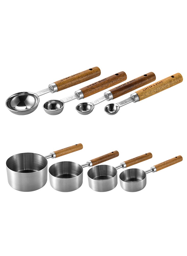 8-Piece Kitchen Tool Collection Set, Measuring Cups and Spoons with Fragrant Wood Handles and Premium Stainless Steel for Dry or Liquid Measurements in Cooking and Baking