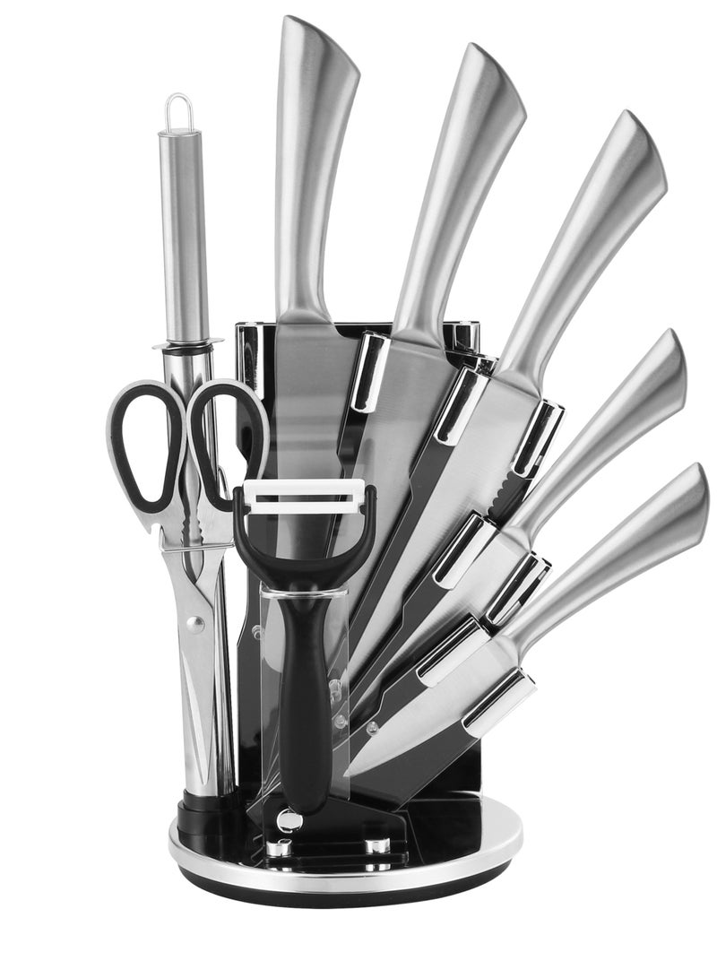 9 Pieces Kitchen Knife Set with Spinning Block, High Carbon Stainless Steel Blades, Knives For Steak, Bread, Vegetables and more, Includes Knife Sharpener