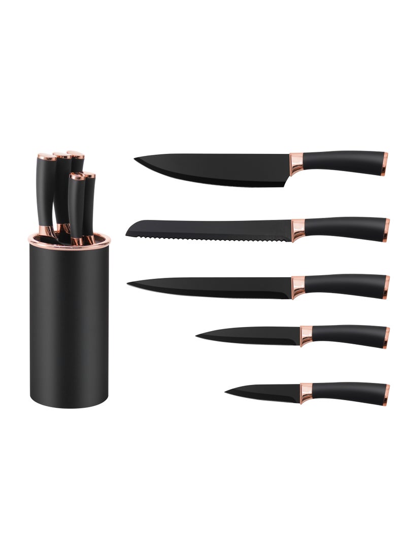 6 pieces Black and Rose Gold Knife Set, Extra Sharp Stainless-Steel Blade with PP Handle, Non-Slip Chef Knives with Block, Suitable for Home and Restaurants