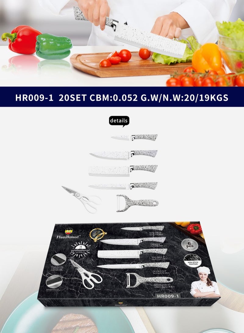 6 Pieces Knife Set with Dotted Handles, Stainless Steel and Non-Stick Blades, Including Peeler and Scissor, Kitchen Cutlery Knives Set, Utensil Sets for Daily Use with Gift Box
