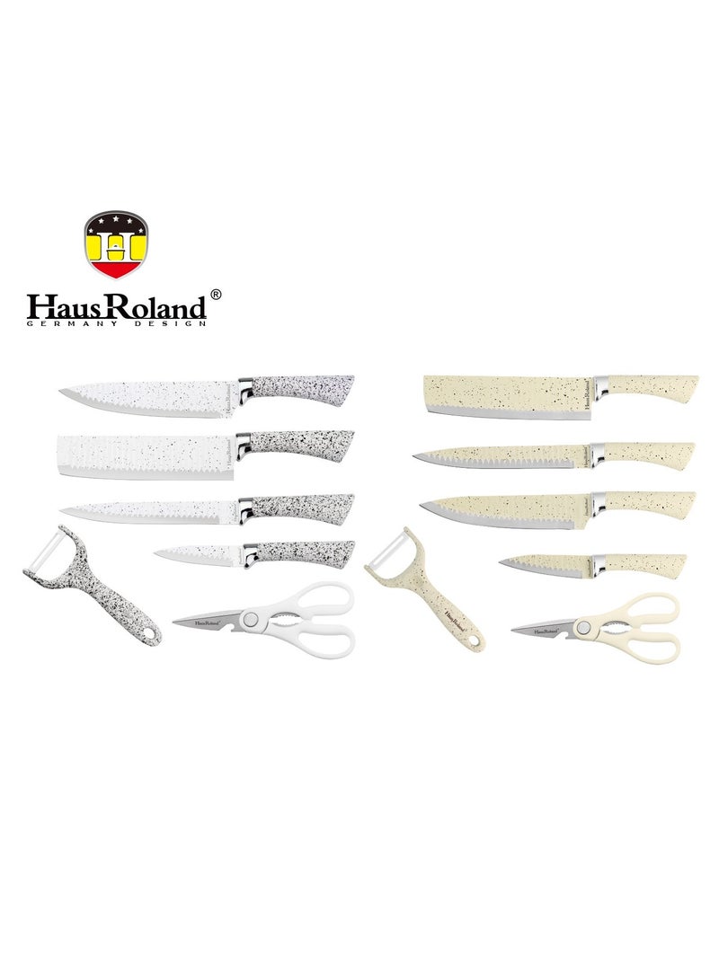 6 Pieces Knife Set with Dotted Handles, Stainless Steel and Non-Stick Blades, Including Peeler and Scissor, Kitchen Cutlery Knives Set, Utensil Sets for Daily Use with Gift Box