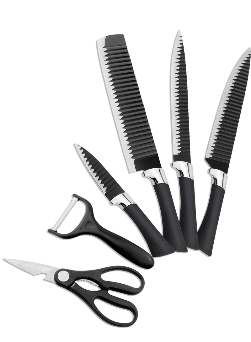 6 Pieces Leather Knife Set, Stainless Steel Blades, Black Kitchen Cutlery Set Including Peeler and Scissors, Knives for Cutting, Chopping, Dicing and More