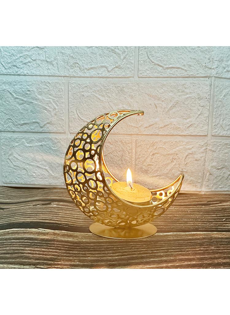 Moon Shape Openwork Candle Holder Metal Candle Holder Modern Light Luxury Romantic Candle Holder For Table Decoration Festival Wedding (Gold Without Star)