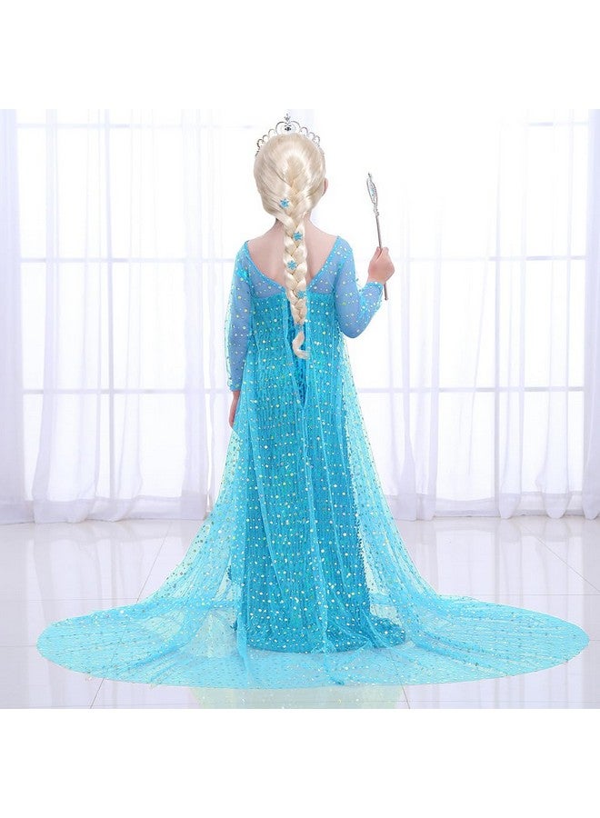 Girls Elsa Frozen Dress Costume Princess Dress Up Clothes With Long Cape Kids Toddler Wig Crown Wand Jewelry Necklace Accessories Halloween Cosplay Birthday Party Supplies